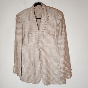 Perry Ellis 100% Linen Tan Stripe Blazer Men's Size 42 Reg